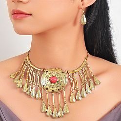 Античное Золото Комплекты ожерелий и серег-подвесок из сплава и смолы с имитацией бирюзы в форме капли, античное золото , 450 мм