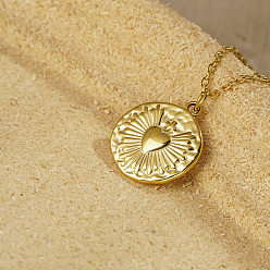 Настоящее золото 18K Французский стиль нержавеющая сталь плоская круглая с крестом священное сердце кулон ожерелья для женщин, реальный 18 k позолоченный, 17.72 дюйм (45 см)