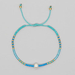 Небесно-голубой Браслеты из плетеного бисера в богемном стиле, украшенные стеклянными бусинами и искусственным жемчугом., Регулируемые браслеты из плетеного нейлонового шнура для женщин, голубой, 11.02 дюйм (28 см)