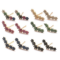 Mixed Color Flower Sparkling Cubic Zirconia Stud Earrings for Her, Real 18K Gold Plated Brass Micro Pave Cubic Zirconia Earrings, Mixed Color, 6.5x16.5x2mm, Pin: 0.8mm