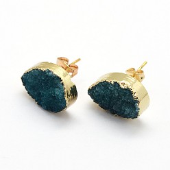 Prussian Blue Natural Druzy Quartz Stud Earrings, with Brass Findings, teardrop, Prussian Blue, 16~18x12~13x5~8mm, Pin: 0.5mm