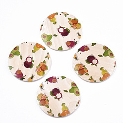 Seashell Color Fruit Seris Printed Wood Pendants, Flat Round with Mangosteen Pattern, Seashell Color, 30x5mm, Hole: 1.6mm