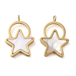 Real 14K Gold Plated 304 Stainless Steel Pendants, with Shell, Star Charm, Real 14K Gold Plated, 19.5x13x2mm, Hole: 2mm