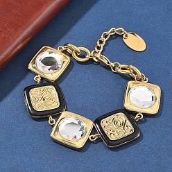 Настоящее золото 18K 304 браслеты из нержавеющей стали с квадратными звеньями для женщин, с эмалью, стеклом и тотемным узором, реальный 18 k позолоченный, 7.60 дюйм (19.3 см)