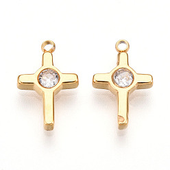 Прозрачный Ионное покрытие (ip) 304 подвески из нержавеющей стали с микропаве из кубического циркония, крестик, реальный 18 k позолоченный, прозрачные, 13x8x2.5~3 мм, отверстие : 1.2 мм
