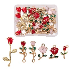 Mixed Color 24Pcs 6 Style Alloy Enamel Pendants, for Valentine's Day, Rose Flowers, Mixed Color, 19~38x9~17x2.5~9mm, Hole: 1.2~2mm, 4pcs/style