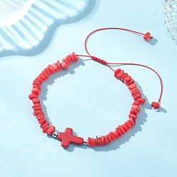 Красный Регулируемые плетеные браслеты из натуральных пресноводных ракушек и окрашенных синтетических бирюзовых бусин для женщин, чип и кросс, красные, внутренний диаметр: 2.09 ~ 3.46 дюйм (5.3~8.8 см)