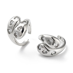 Platinum Brass with Cubic Zirconia Open Cuff Rings, Teardrop with Heart, Platinum, Inner Diameter: 16mm