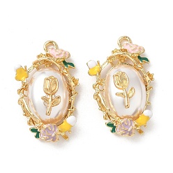 Золотистый Подвески из эмали и сплава, с абс пластмассовой имитационной жемчужиной, золотой свет, без кадмия, без никеля и без свинца, стойки покрытие, овал с цветочной подвеской, золотые, 32x20x9 мм, отверстие : 2.3 мм