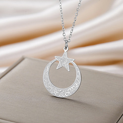 Stainless Steel Color 304 Stainless Steel Crystal Rhinestone Moon with Star Pendant Necklaces for Women, Stainless Steel Color, 17.72 inch(45cm), Pendant: 30x23mm