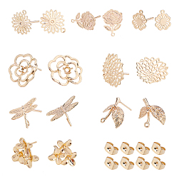 Real 18K Gold Plated Brass Stud Earring Findings, with Loop and Brass Ear Nuts, Real 18K Gold Plated, 32pcs/box