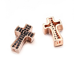 Rose Gold Brass Micro Pave Black Cubic Zirconia Beads, Cross, Rose Gold, 14x9mm