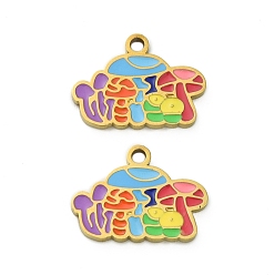 Настоящее золото 18K 304 прелести нержавеющей стали, гриб, с эмалью, ионное покрытие (ip), реальный 18 k позолоченный, 11x15.5x1.5 мм, отверстие : 1.5 мм