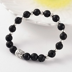 Lavastein Trendige Stretch-Armbänder aus natürlichen Lavasteinen, mit tibetischem Stil antike Silber-Legierung Perlen, 57 mm