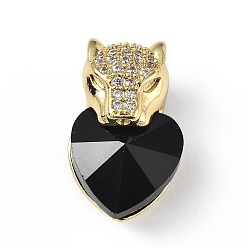 Black Real 18K Gold Plated Rack Plating Brass Micro Pave Clear Cubic Zirconia Pendants, with Glass, Long-Lasting Plated, Cadmium Free & Lead Free, Leopard with Heart Charm, Black, 20x12x10.5mm, Hole: 5x4mm
