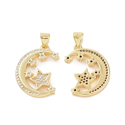 Golden Brass Micro Pave Cubic Zirconia Pendants, Crescent Moon with Star Charm, Golden, 26x16x2mm, Hole: 5x3mm