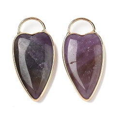 Аметист Подвески из натурального аметиста , подвески в форме сердца с латунной оправой, золотые, 35x17x6 мм, отверстие : 6x9 мм