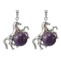 Аметист Подвески из натурального полосатого аметиста, латунная лошадь с подвесками в виде шариков из драгоценных камней, стойки покрытие, платина, 33x35x16 мм, отверстие : 5x8 мм