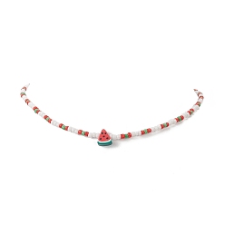 Mixed Color Summer Theme Handmade Polymer Clay Fruit Bead Necklaces, Glass Beaded Choker Necklace with 304 Stainless Steel Lobster Claw Clasps & Extender Chain, for Women, Mixed Color, 15~15-1/8 inch(38~38.5cm) 