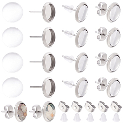Stainless Steel Color 50Pcs 304 Stainless Steel Flat Round Stud Earring Settings, 50Pcs Glass Cabochons, 50Pcs Plastic Ear Nuts, 50Pcs 201 Stainless Steel Ear Nuts, Stainless Steel Color, Tray: 8mm, 10mm, Pin: 1mm