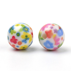 Colorful Opaque Printed Acrylic Beads, Round with Flower Pattern, Colorful, 10x9.5mm, Hole: 2mm