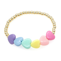 Золотой Круглые латунные эластичные браслеты с бусинами для пары, с акриловыми бусинами в форме сердца, золотые, 6.89 дюйм (17.5 см)