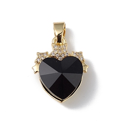 Negro Colgantes de circonita cúbica transparente micro pavé de latón chapado en oro real 18k, con vidrio, larga duración plateado, sin plomo y cadmio, encanto de corazón con estrella, negro, 19.5x15.5x8 mm, agujero: 6x3 mm