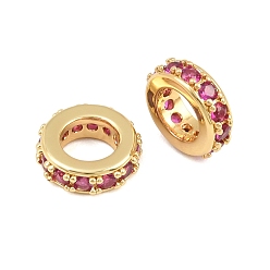 Violet Brass Micro Pave Cubic Zirconia European Beads, Large Hole Beads, Flat Round, Cadmium Free & Lead Free, Rack Plating, Long-Lasting Plated, Real 18K Gold Plated, Violet, 10x3mm, Hole: 5.5mm