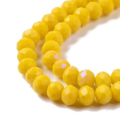 Yellow Electroplate Opaque Solid Color Glass Beads Strands, Half Rainbow Plated, Faceted, Rondelle, Yellow, 8x6mm, Hole: 1mm, about 65~68pcs/strand, 15.7~16.1 inch(40~41cm)