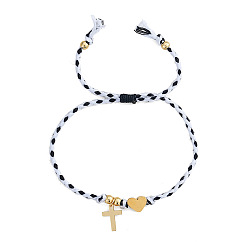 Белый 304 Браслеты из нержавеющей стали в форме сердца и религиозного креста для пары, регулируемые браслеты для него и для нее, золотые, белые, 11.02 дюйм (28 см)