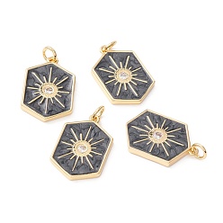 Черный Латунные микропаве прозрачные подвески с фианитом, с эмалью и кольцом для прыжков, реальный 18 k позолоченный, без свинца, без кадмии и без никеля, шестиугольник, чёрные, 22.5x15x2 мм, отверстие : 3.5 мм