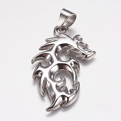 Stainless Steel Color Tarnish Resistant 304 Stainless Steel Big Pendants, Dragon, Stainless Steel Color, 53x30x3mm, Hole: 7x9mm