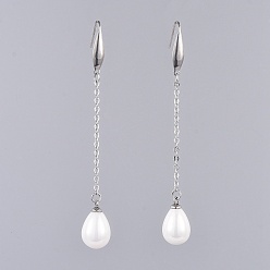 Platinum Shell Pearl Dangle Earrings, with Brass Cable Chains, 316 Surgical Stainless Steel Earring Hooks and Cardboard Jewelry Set Boxes, Teardrop, Platinum, 81mm, Pin: 0.7mm
