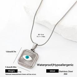 White 304 Stainless Steel Enamel Evil Eye Square Pendant Necklaces for Men Women, Stainless Steel Color, White, 15.75 inch(40cm)