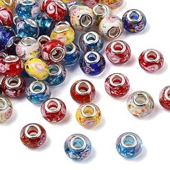 (52) Непрозрачная лаванда Rondelle Lampwork большого отверстия европейские шарики, с латунными сердечниками с серебряным покрытием, разноцветные, 13~14x10~11 мм, отверстие : 5 мм
