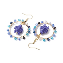 Mixed Color 4Pairs 4 Colors Porcelain Dangle Earrings, with Glass Beads and 304 Stainless Steel Earring Hooks, Tortoise, Mixed Color, 58x37~38mm, 1pair/color