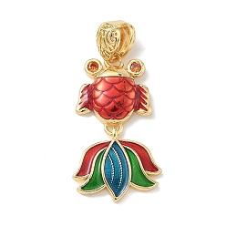 Красный Латунь эмаль подвески, рыбы прелести, золотые, красные, 30.5x28x4 мм, отверстие : 7x3 мм