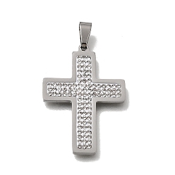 Stainless Steel Color 201 Stainless Steel Enamel Pendants, Cross Charms, with Rhinestone, Stainless Steel Color, 32.5x23x2.5mm, Hole: 6x3.5mm