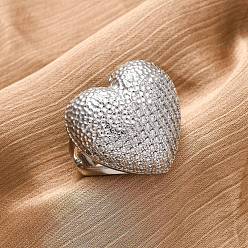 Платина Латунные микропаве кубические цирконии регулируемые открытые манжеты кольца для женщин, без кадмия и без свинца, сердце, платина, 24x25.5 мм, внутренний диаметр: регулируемый