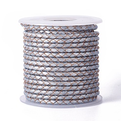 Silver Braided Cowhide Cord, Leather Jewelry Cord, Jewelry DIY Making Material, with Spool, Silver, 3.3mm, 10yards/roll