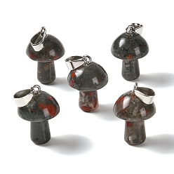 Bloodstone Natural African Bloodstone Pendants, Mushroom Charms, with 304 Stainless Steel Snap on Bails, Stainless Steel Color, 24~25x16mm, Hole: 7.5x4mm