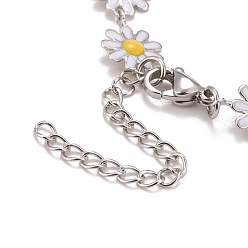 Mixed Color Enamel Daisy Link Chains Bracelet, 304 Stainless Steel Jewelry for Women, Stainless Steel Color, Mixed Color, 7-1/4 inch(18.4cm)