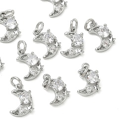 Plaqué Platine Véritable Pendentifs en laiton Shegrace sertis de micro-pavés de zircone cubique, sans cadmium et sans nickel et sans plomb, charmes lune, clair, Platine plaqué, 12.5x7.5x2.5mm, Trou: 2.5mm