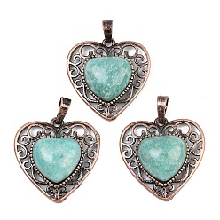 Красная Медь Природные подвески амазонит, латунные драгоценные камни, подвески в форме сердца, стойки покрытие, долговечный, Красная медь, 27.5x29x7 мм, отверстие : 7.5x5 мм