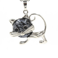 Snowflake Obsidian Natural Snowflake Obsidian Pendants, with Platinum Plated Brass Findings, Cat Shape Charms, 35x29x10mm