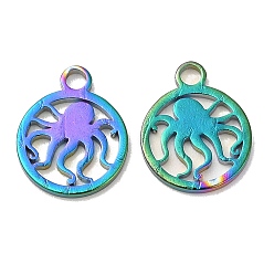 Rainbow Color Ионное покрытие (ip) 304 брелоки из нержавеющей стали, плоская круглая с подвеской в виде осьминога, Радуга цветов, 10x8x1 мм, отверстие : 1.5 мм
