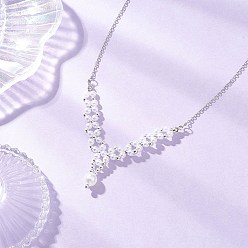 Платина АБС-пластик имитация жемчуга круглая бисерная подвеска V латунная цепочка ожерелья, белые, платина, 18.62 дюйм (47.3 см)