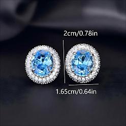 Deep Sky Blue Brass Micro Pave Cubic Zirconia Stud Earrings for Women, Oval, Platinum, Deep Sky Blue, 20x16.5mm