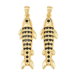 Negro Micro latón allanan colgantes cúbicos del zirconia, encantos de pescado, sin plomo y cadmio, chapado en rack, larga duración plateado, real 18 k chapado en oro, negro, 35x10.5x4 mm, agujero: 3x5 mm