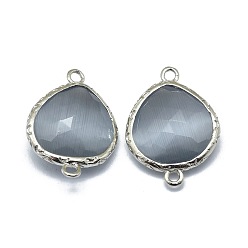 Gray Cat Eye Links connectors, with Brass Findings, Faceted, teardrop, Platinum, Gray, 21~22x15.5~16x6mm, Hole: 1.6mm